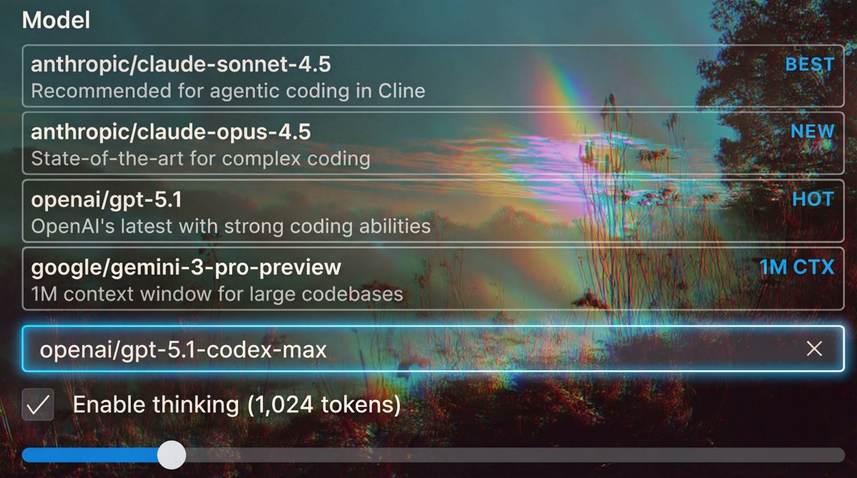 Cline model picker showing Codex Max