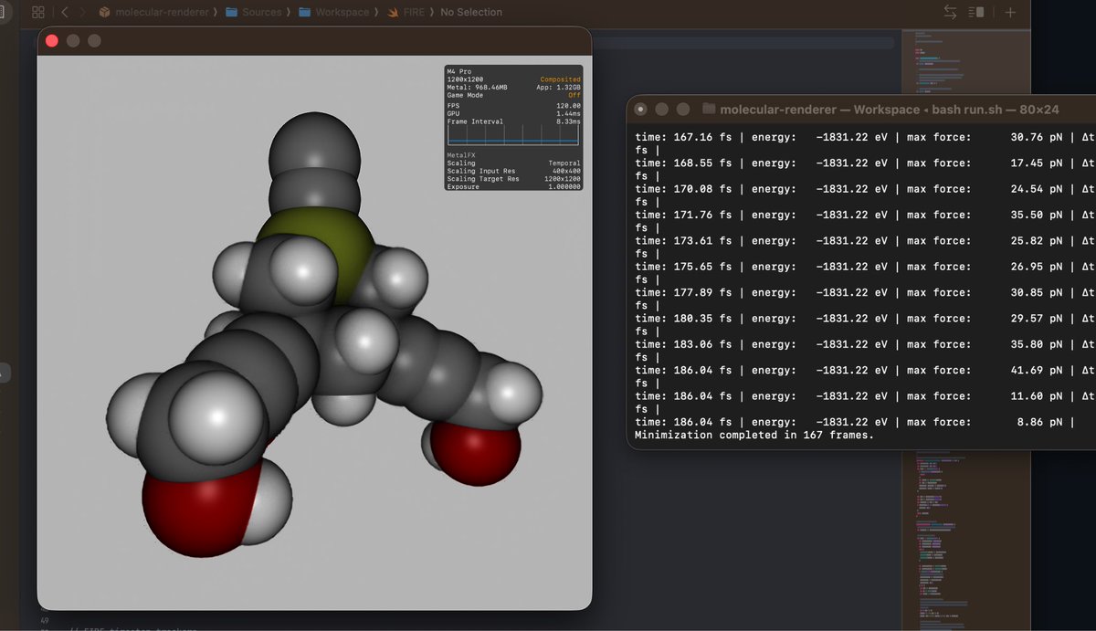 james_schnoeb's tweet photo. Just got @philipturnerar’s molecular renderer running, pictured is the propargyl alcohol tripod. Setup was quick and straightforward: https://t.co/8L20yG4yO1. What stands out is how accessible he’s made the first real on-ramp to simulating nanomachines yourself. With EUV pushed up against physics and scaling slowing, it’s valuable to see practical tools like this emerging for exploring new approaches