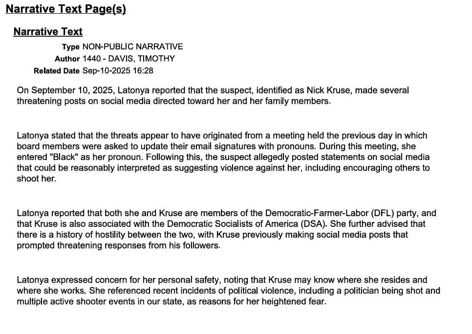 taylr's tweet photo. more feminist caucus fallout: the police report cd5 candidate latonya reeves filed against nick kruse. weirdly, she lied &amp; gave police a family member's address over north instead of her own ward 7 address, which is public as part of her FEC filing

she felt he threatened her 1/2 https://t.co/Vk9sOLunX6