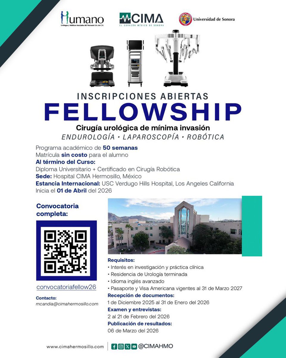 📢 𝐆𝐫𝐮𝐩𝐨 𝐌𝐞́𝐝𝐢𝐜𝐨 𝐔𝐌𝐀𝐍𝐎 y <a href="/CIMAHMO/">Hospital CIMA HMO</a> anuncian la convocatoria para el
𝐂𝐮𝐫𝐬𝐨 𝐝𝐞 𝐀𝐥𝐭𝐚 𝐄𝐬𝐩𝐞𝐜𝐢𝐚𝐥𝐢𝐝𝐚𝐝 𝐞𝐧 𝐂𝐢𝐫𝐮𝐠𝐢́𝐚 𝐔𝐫𝐨𝐥𝐨́𝐠𝐢𝐜𝐚 𝐝𝐞 𝐌𝐢́𝐧𝐢𝐦𝐚 𝐈𝐧𝐯𝐚𝐬𝐢𝐨́𝐧 (𝟐𝟎𝟐𝟔–𝟐𝟎𝟐𝟕)
📄 Convocatoria:
👉 qrto.org/jCNdkB