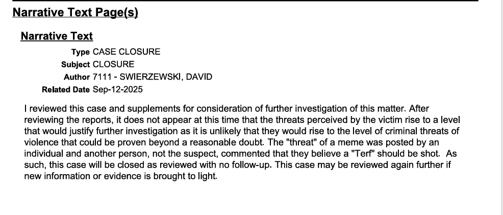 taylr's tweet photo. in the terroristic threats latonya reeves reported nick kruse making against her, MPD did not find that "the threats perceived by the victim rise to a level that would justify further investigation" and closed the case, noting an actual threat was not even posted by kruse 2/2 https://t.co/1ZCCNvsNZF