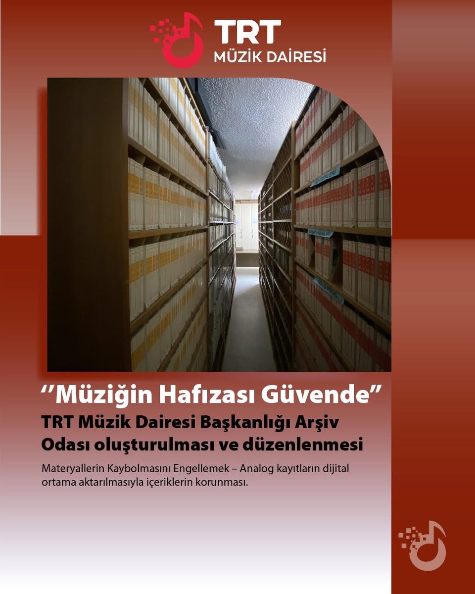 "Müziğin Hafızası Güvende"

TRT Müzik Dairesi Başkanlığı Arşiv
Odası oluşturulması ve düzenlenmesi…