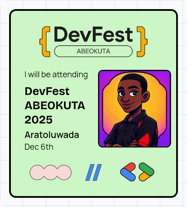 TAG_Degen's tweet photo. I'm attending DevFest Abeokuta 2025! 🚀

#DevFestAbeokuta #DevFestAbk2025 #GDGAbeokuta https://t.co/qbSGQRp65F