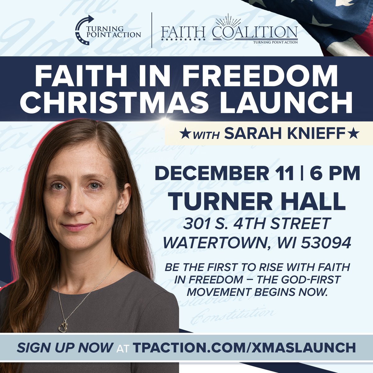 GCPatriot76's tweet photo. 🚨Faith In Freedom TPA Coalition Official Launch!🚨

Here’s the story:
Right after the tragic loss of Charlie Kirk, Knieff Sarah came up to me at a Republican Party of Jefferson County WI I had a small speaking spot at. She said God put it on her heart to step up—and she hasn’t stopped since.

On her own, Sarah organized a powerful prayer vigil in Watertown that brought out over 100+ patriots. Now she’s stepping up again as the new Chair of our brand-new Faith In Freedom TPA Coalition. She’s already built a rock-solid board of four and they’re ready to hit the ground running.

If you’re tired of sitting on the sidelines…
If you believe faith and freedom go hand-in-hand…
If you’re ready to make real change right here at the local level (where it matters most)…
Then come join the movement!

📷 Wednesday, December 11th
📷 Turner Hall – Watertown, WI
📷 Doors open 5:30 PM | Program starts 6:00 PM

Special guest speakers Jefferson County GOP chair Brian Norby and Representative William Penterman.

Bring your family, bring your friends and bring your fire!

Here' is the sign up link: https://t.co/86CFcacgOY