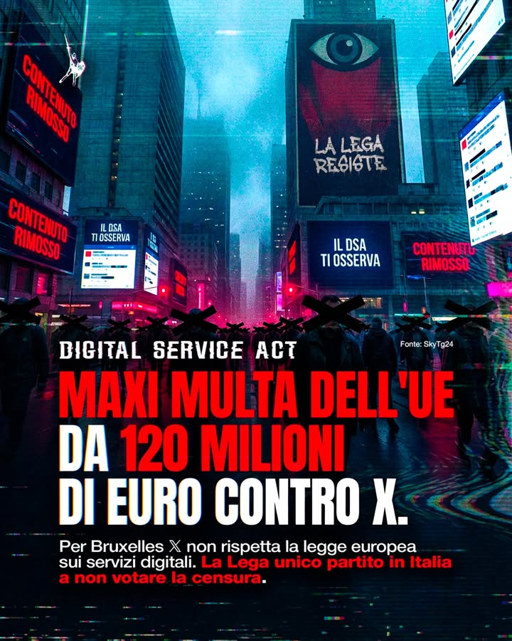 Matteo Salvini: «La multa a X da parte di Bruxelles è un attacco alla libertà di espressione. Con il Dsa, che la Lega - e solo la Lega, unico partito italiano a votare contro in Europa - ha sempre denunciato come un’arma di censura, l’Ue usa le… facebook.com/32699486613646…