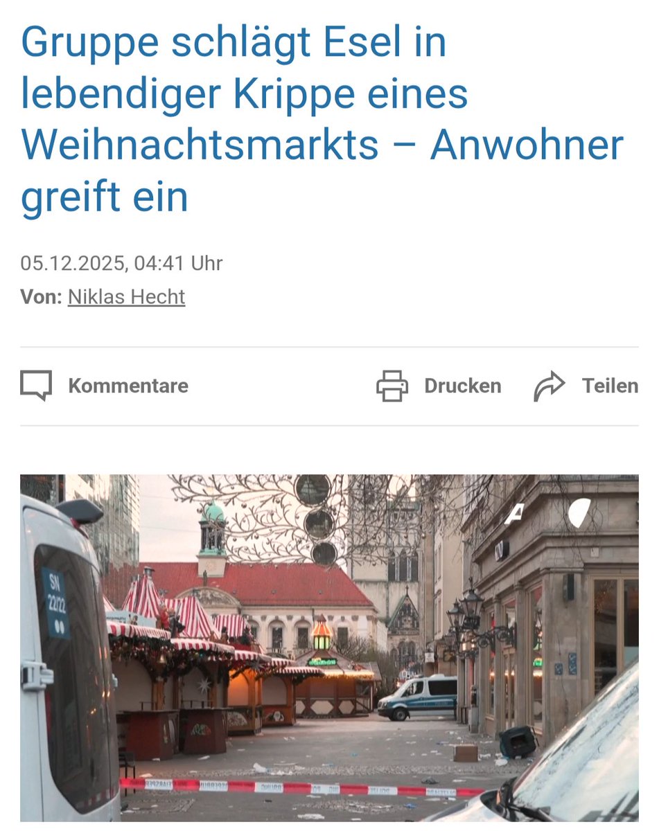 Raeubertochtah's tweet image. Erbach/Hessen – Unbekannte haben in der Nacht auf Sonntag (30. November) die Esel in der „lebendigen Krippe“ des Erbacher Weihnachtsmarktes gequält. Die Gruppe habe den beiden Eseln, die sehr zutraulich seien und an den Zaun kämen, wenn Menschen da sind, ins Gesicht geschlagen.…