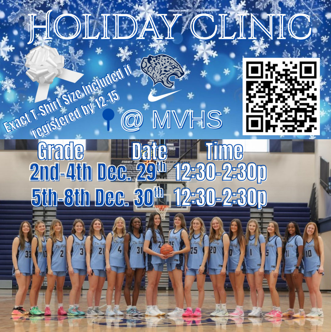 Excited to announce our Holiday Clinic! Come have fun, build skill over winter break at our Holiday🏀HoopsMas❄️
Clinic! Register by Dec. 15th to guarantee exact T-Shirt Size! 
forms.gle/kfpVjbuc32sofC…