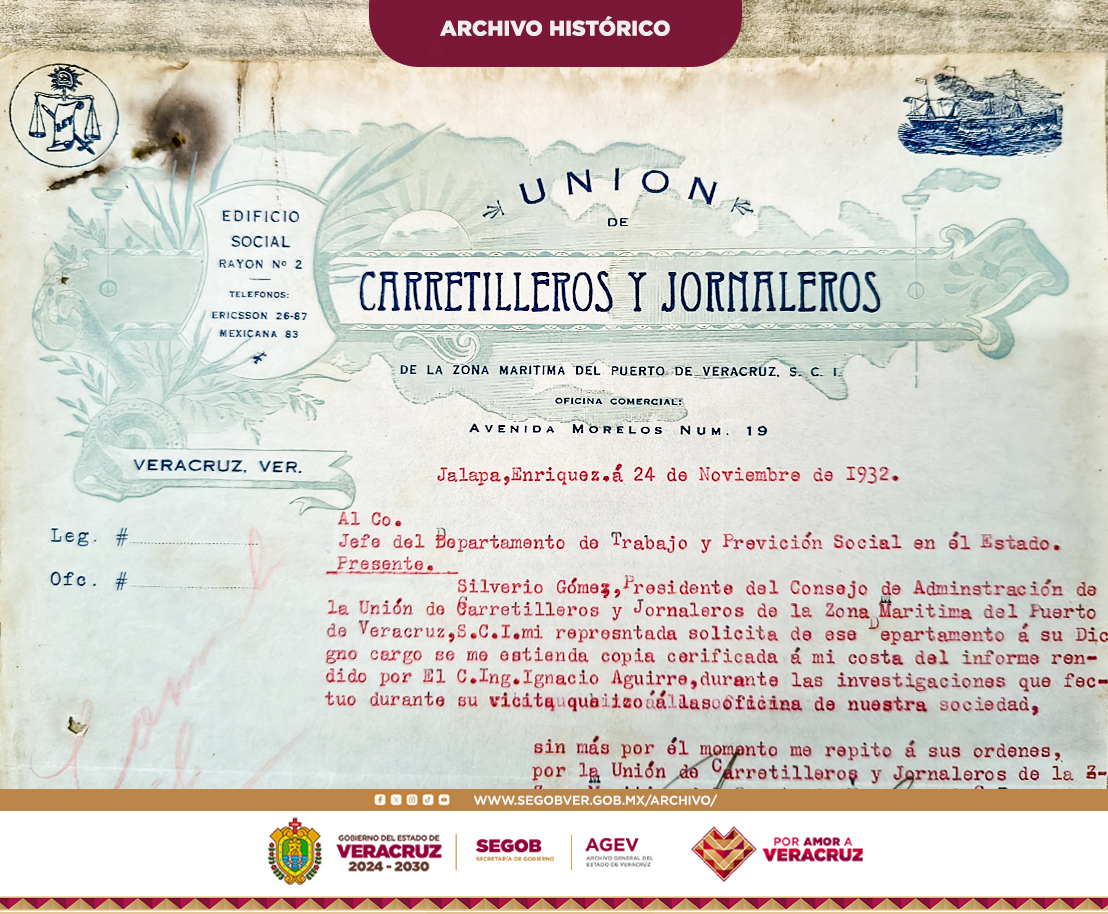Compartimos un bello membrete de la Unión de Carretilleros y Jornaleros de la Zona Marítima del Puerto de Veracruz (1932).

Este documento destaca por sus detalles alusivos a la vida portuaria y marítima.