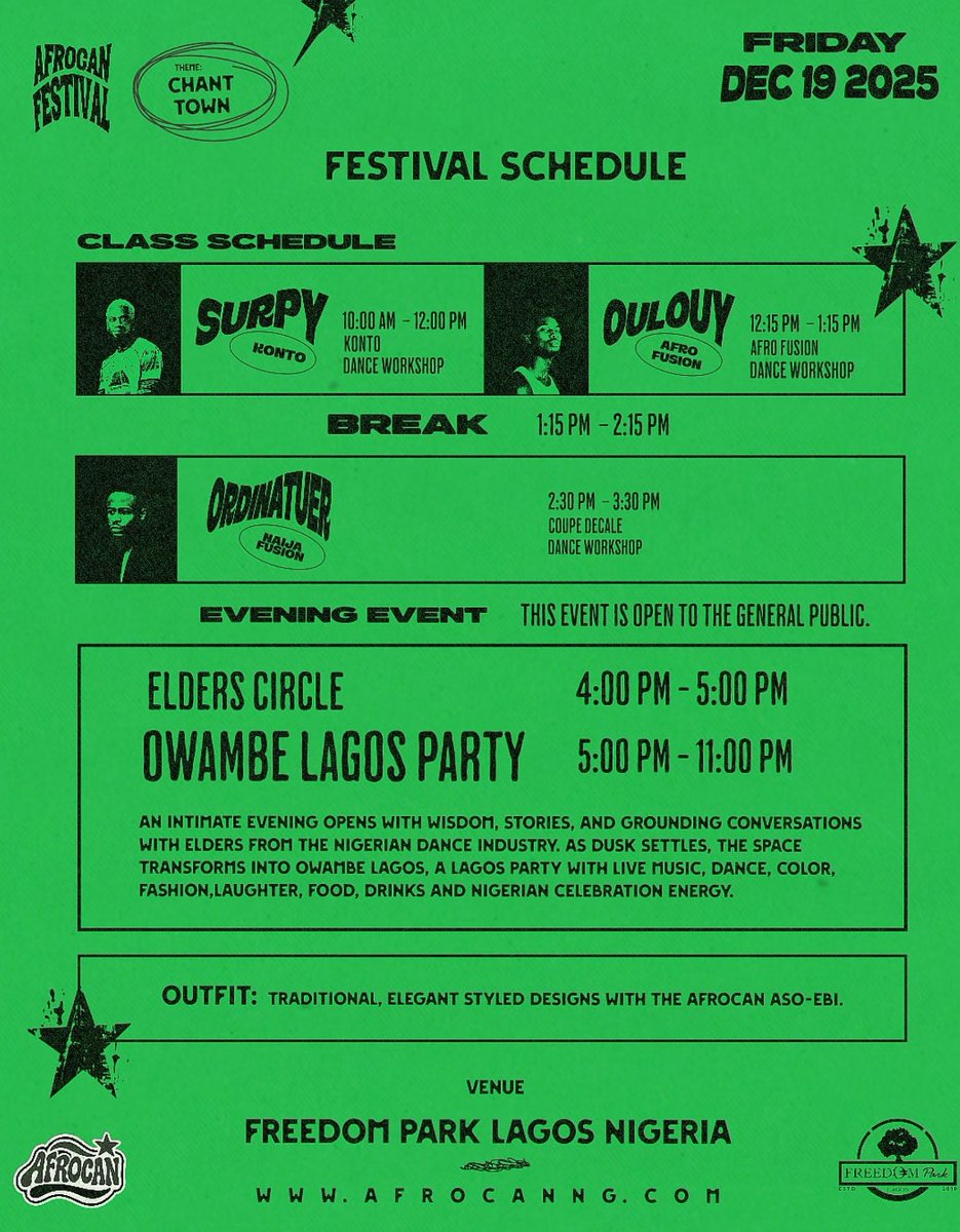 KRED0L's tweet image. Day 4 starts with Konto Maestro SURPY followed by Afro king OULOUY and the final class of the day with Coupe Decale King ORDINATEUR after which ELDERS CIRCLE x OWAMBE . CHANT TOWN IS COMING 📍 FREEDOM PARK