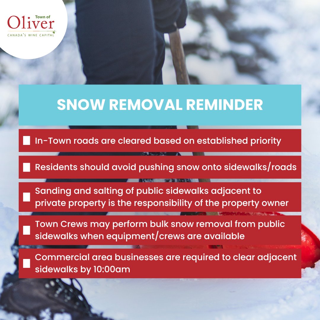 ❄️ SNOW REMOVAL REMINDER ❄️

The Town of Oliver clears snow and ice from sidewalks except those next to commercial properties.
Commercial property owners must clear snow and ice from adjacent sidewalks by 10:00 AM daily.

Please do not push snow or ice onto sidewalks or streets.