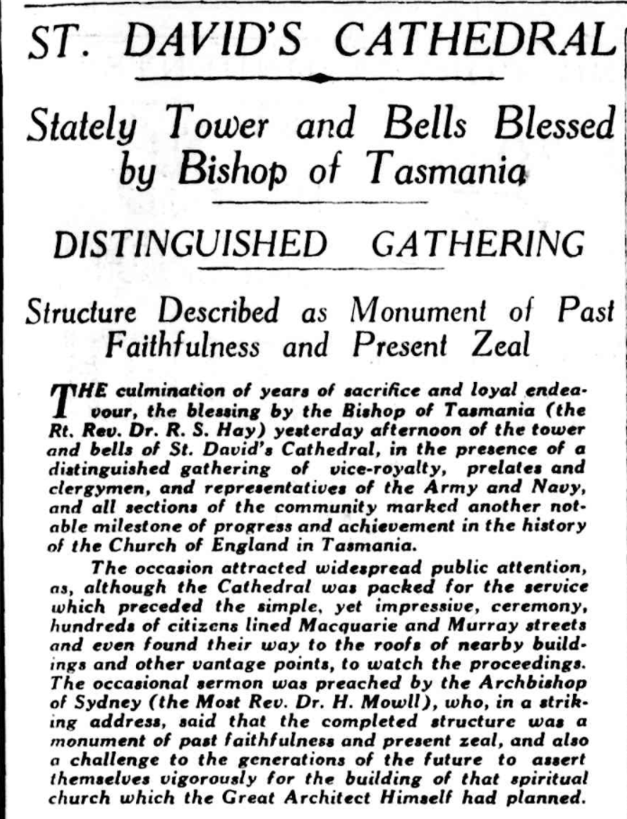 AustAnglican's tweet image. 6 December 1936 (St Nicholas of Myra): service of blessing for the completed tower and bells of St David's Cathedral, Hobart. "a monument of past faithfulness and present zeal" #anglican @CathedralHobart #89years  Archbishop Howard Mowll delivered "a striking address."