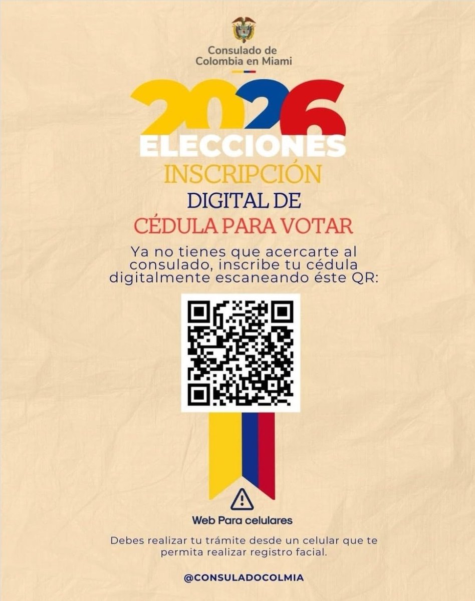 Inscripción Digital de Cédulas Elecciones 2026 para colombianos en el Exterior 
¿Cómo inscribirte? Podrás realizar este trámite de forma sencilla escaneando el Código QR que se disponga en las comunicaciones oficiales de la Registraduría.
registraduria.gov.co