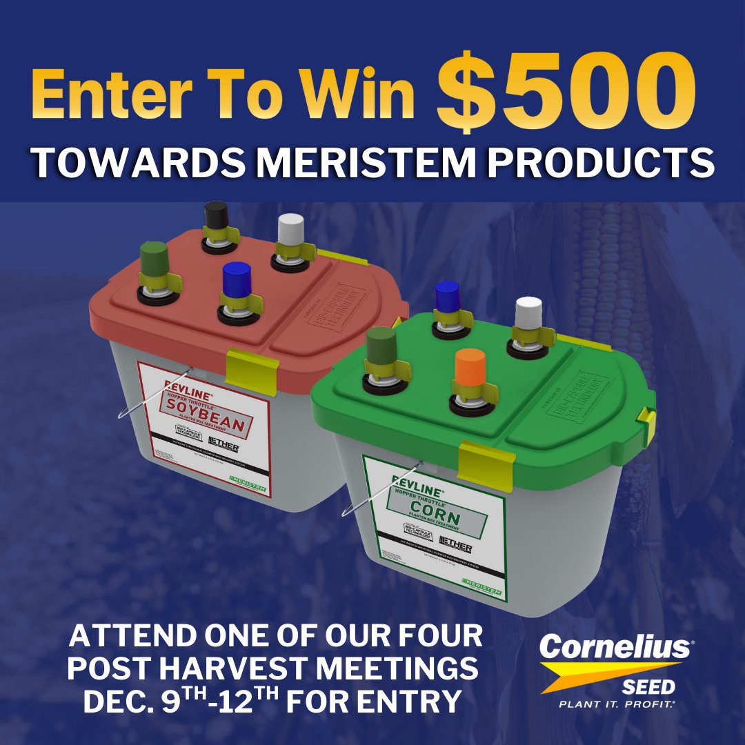 📢Don’t miss out on your chance to win $500 towards your next Meristem product purchase!

For entry to win you will need to attend one of our 4 Post Harvest Meetings going on this week.

Meetings will be held:
-Dec. 9th in Milledgeville, IL
-Dec. 10th in Dubuque, IA
-Dec. 11th in