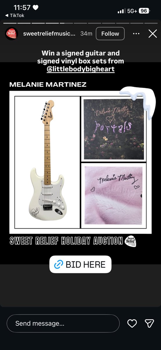 Melanie Martinez has partnered with <a href="/SweetRelief/">Sweet Relief Musicians Fund</a> and is having an auction for 3 signed items😱 BID HERE: fandiem.com/headliners/swe…