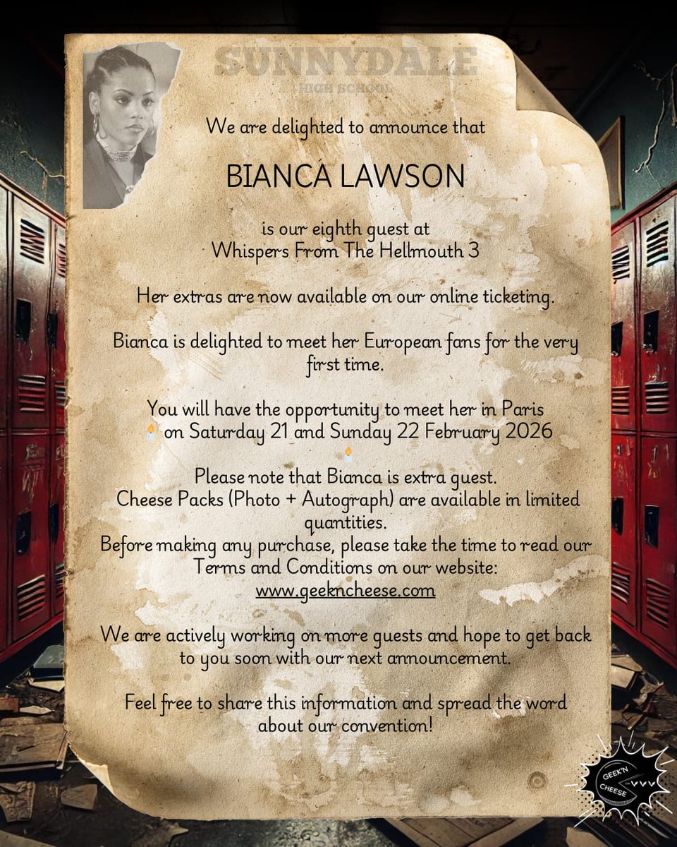 🔥Bianca LAWSON🔥 est notre 8ème invitée de la #WFTH3 les 21 et 22 Février 2026 pour sa 1ère convention européenne 

🔥Bianca LAWSON🔥 is our 8th guest for #WFTH3 - Feb. 21&amp;22, 2026 for her 1st European con, in Paris

🎟: billetweb.fr/whispers-from-…

#gnc #biancalawson #buffy #btvs