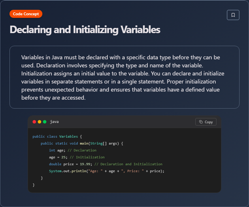 techielearns's tweet image. ✨ Declaring and Initializing Variables (Java)

Learn more on our App and Website:
App : play.google.com/store/apps/det…
Web : techielearns.com
#Java #JavaDev #OOP #Backend #100DaysOfCode #DevLife