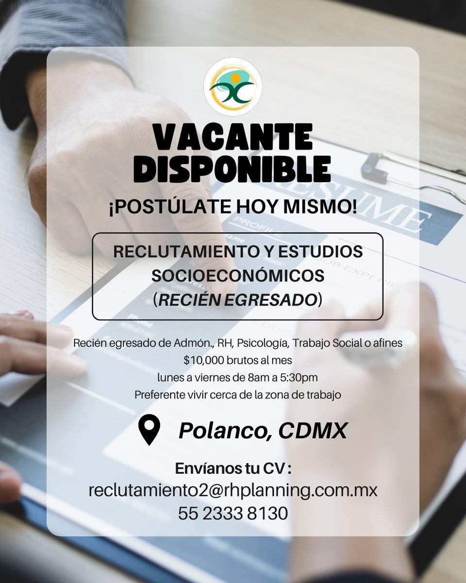 RhPlanningMx's tweet photo. 💼VACANTE DISPONIBLE

¡Únete al equipo de RH Planning!

-Zona: #Polanco 
-Recién egresado de Admón., RH, o afines
-$10k brutos al mes
-lunes a viernes: 8am a 5:30pm

Compártenos tu CV al correo:
✉️ reclutamiento2@rhplanning.com.mx

Más información al:
📞 55 2333 8130

@la_de_rh https://t.co/ZJyhfjRn4O