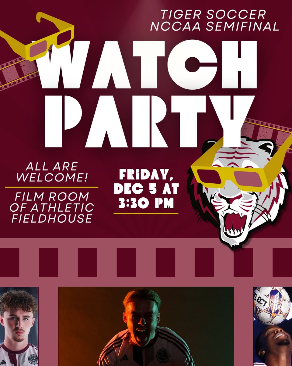 Everyone, our Tigers hit the pitch in just 30 minutes! 

If you're on campus, swing by the Athletic Fieldhouse Film Room and let's support our Tigers in the NCCAA National Tournament Semifinals!