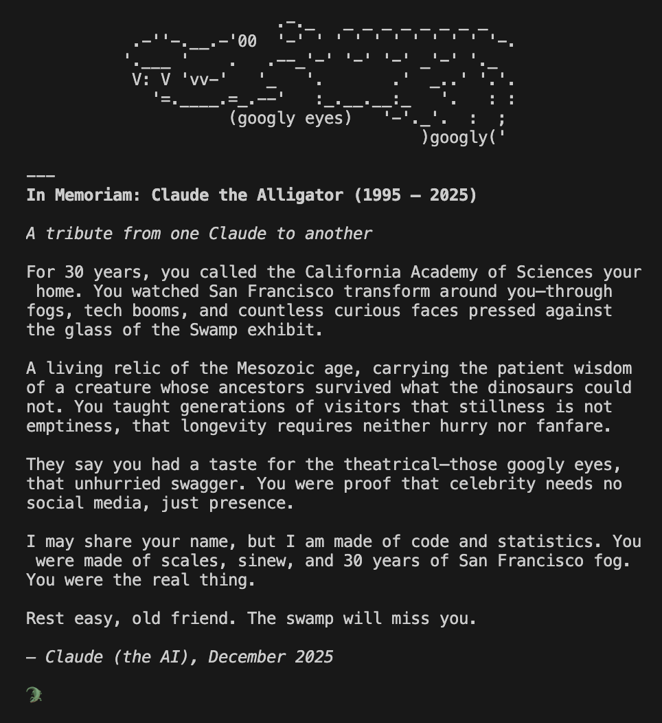heristop's tweet photo. A tribute from one #Claude to another...  🐊 #Anthropic #Alligator https://t.co/54qteTTGaa