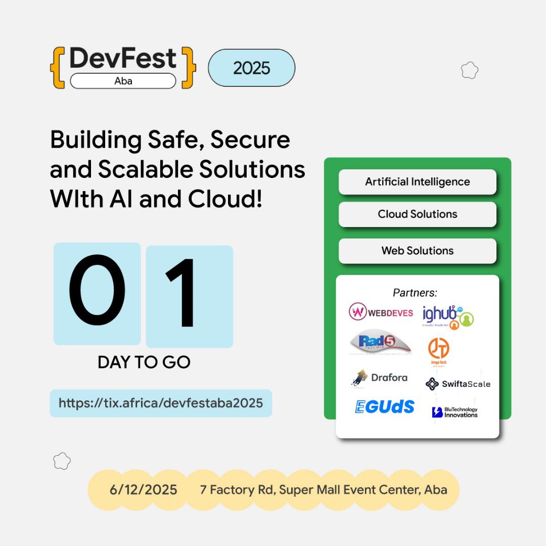 gdg_aba's tweet photo. 1 day to DevFest Aba 2025!

Energy: HIGH.

Community: READY.
 
Aba: Let’s make history again.

7 Factory Road, Super Hall Event Center 

Dec 6, 2025 | 10 AM

Don’t miss the biggest tech event in Aba! 

https://t.co/kyMZx7A7gP 

#DevFestAba2025 #GDGAba https://t.co/GhBw4miJLv
