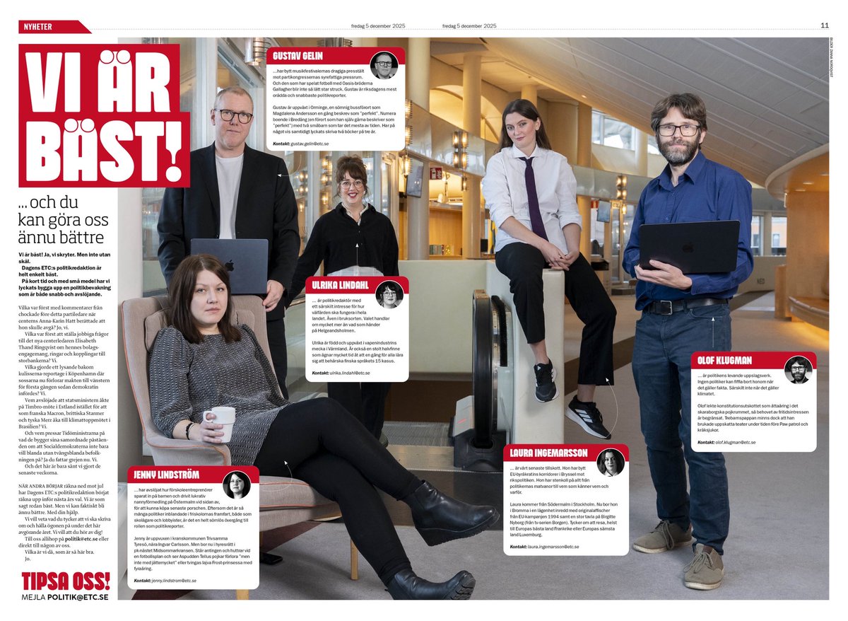 DAGENS ETC:S POLITIKGRUPP Vem kommer från vapenindustrins mecka? Vem lekte konstitutionsutskottet som åttaåring? Vem har spelat fotboll med Oasis-bröderna? Vem har rummet tapetserat med EU-affischer från 1994? Och vem tvingas lajva Frost-prinsessa?