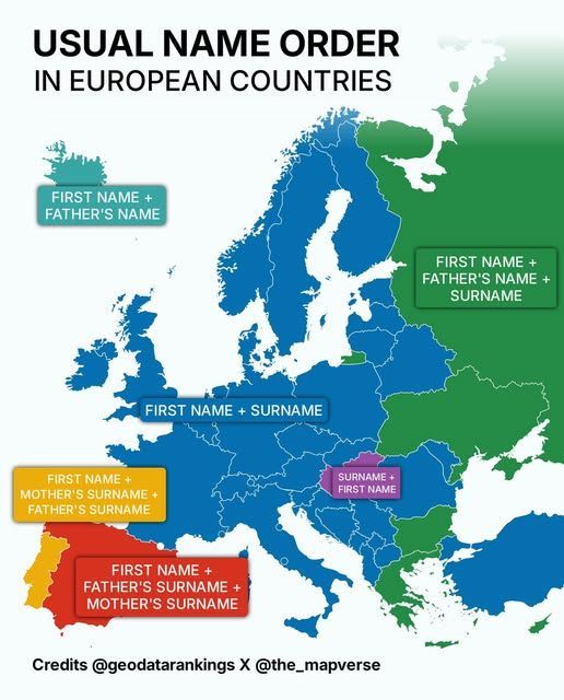 This map shows the naming conventions across Europe. It's not always as simple as "first name plus last name"...