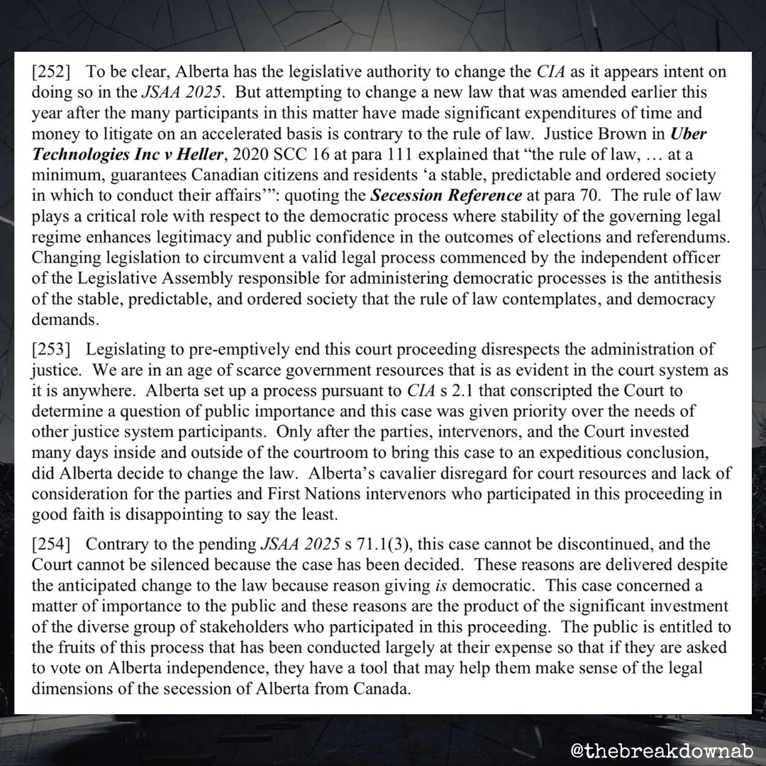 WOW!!!

Not only have the courts ruled that the separatists referendum is unconstitutional and that separatism would require the consent of First Nations...

A SCATHING epilogue directly called out Alberta trying to legislate away the courts ability to issue a decision!

#abpoli