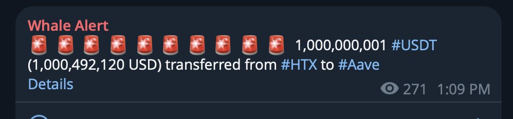 Whale Clips: 2min ago $1b $USDT sent from <a href="/HTX_Global/">HTX</a> to <a href="/aave/">Aave</a> 

Note: 1,000,000,001 dont forget the $1 :)