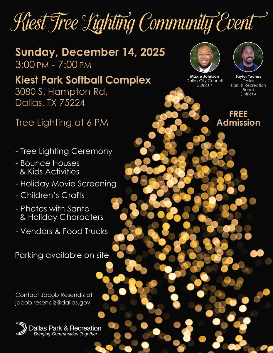 DallasParkRec's tweet photo. Kiest is back at it with a ✨favorite✨ holiday tradition, the tree lighting!

Don't miss out on the holiday fun, December 14 at 3PM! (tree lighting at 6!)🎄🎄 https://t.co/l4m4pFQE29