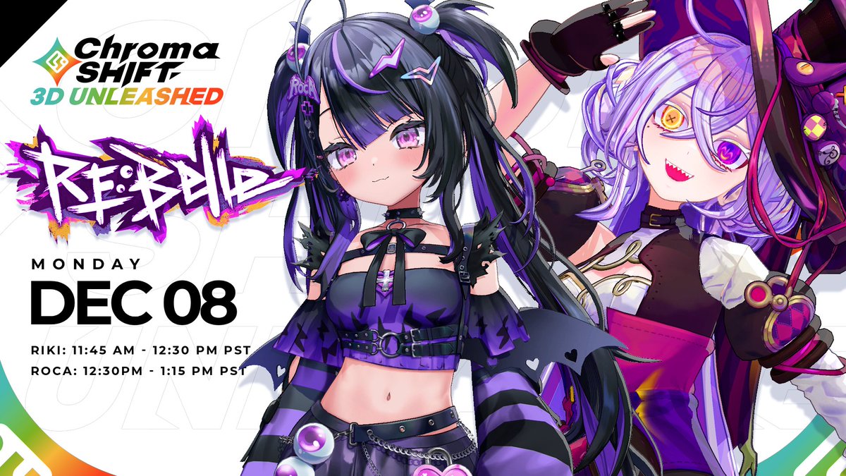 【3D Showcase Announcement】

Starting the week off the right way, we have <a href="/RikiPoppet/">Riki Poppet 🎩🪡 | ChromaSHIFT</a> and <a href="/RocaRourin/">Roca Rourin⚡ | ChromaSHIFT</a> showing off their 3D models in style on December 8th! 

Riki will go live first at 11:45AM Pacific and then Roca's showcase will follow at 12:30PM Pacific.

We heard whispers