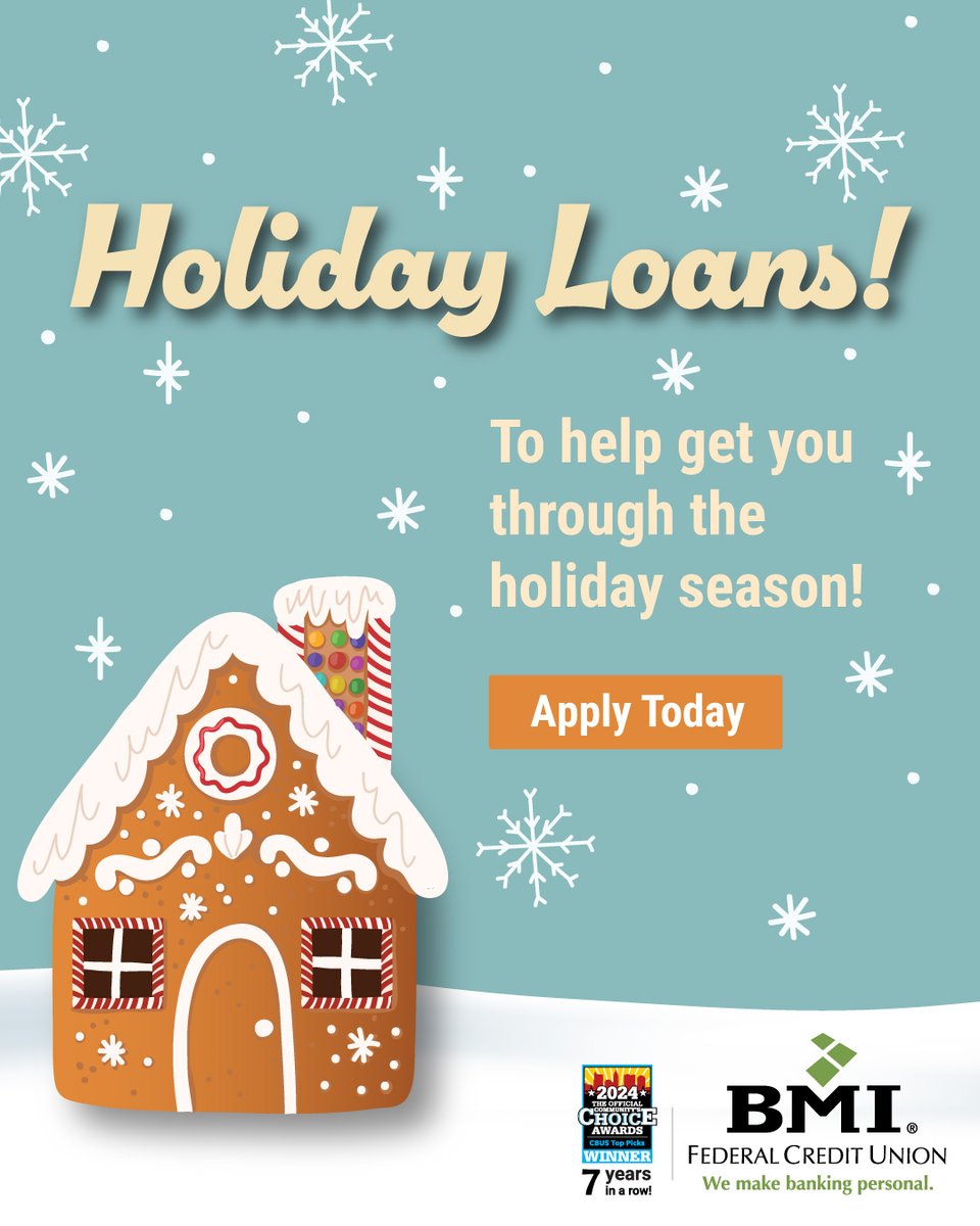 'Tis the season for a Holiday Loan from BMI FCU. Choose from $1,000, $3,000, or $5,000! Visit bmifcu.org to apply today. #BMIFCU