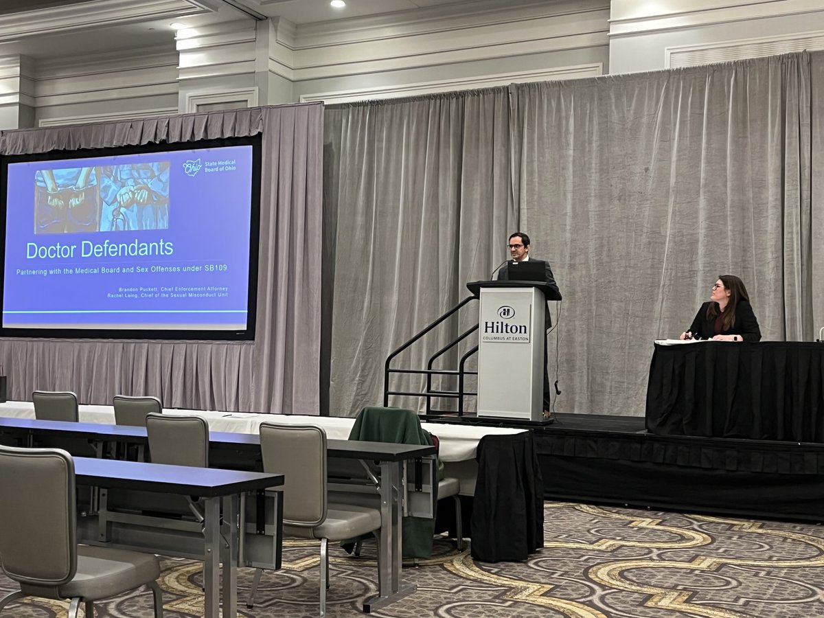 After polishing up on our ethical duties we once again split the group - day 2 on the criminal training side starts with Rachel Laing and Brandon Pucket ⁦<a href="/ohiomedboard/">State Med Bd of OH</a>⁩ and their presentation on Doctor Defendants: Partnering with the Medical Board &amp; Sex Offenses under SB109