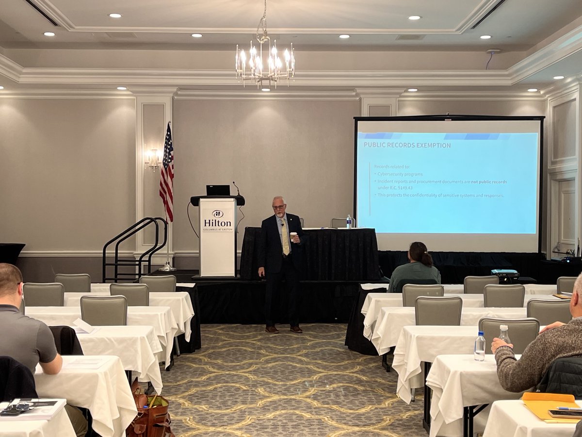 Day 2 of the civil side finishes with a look at resent changes to Cybersecurity Requirements for Local Governments Under with HB 96 (ORC 9.64) by Kirk Herath @ohiocybersecurity. #2025OPAAannual ⁦<a href="/GovMikeDeWine/">Governor Mike DeWine</a>⁩