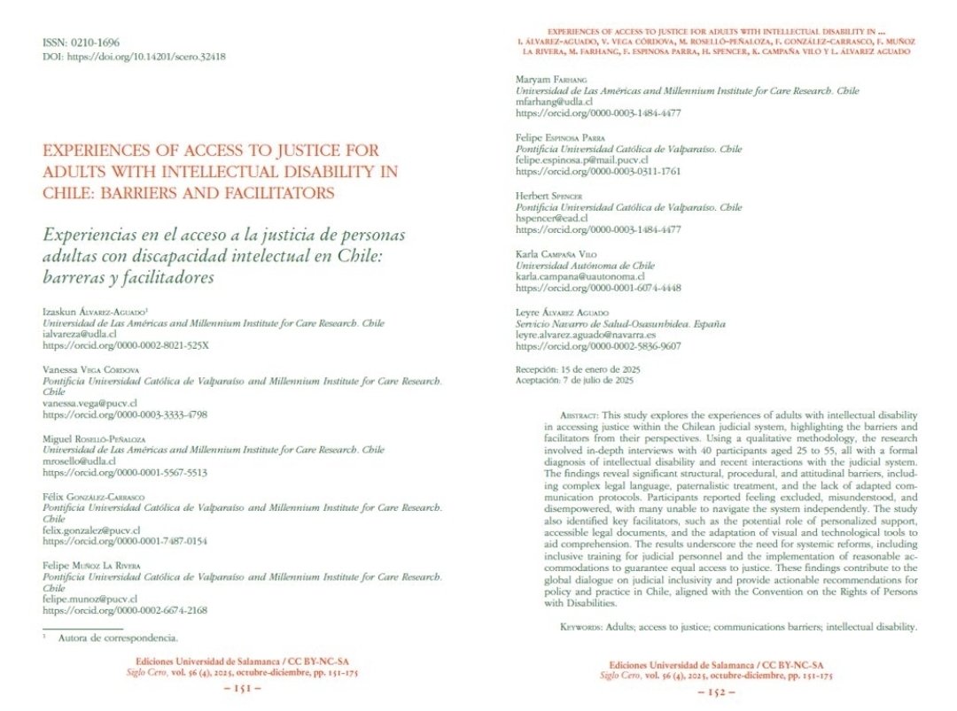 ¡¡Ya está publicado!! Nuestro estudio sobre #acceso a la #justicia de personas adultas con #discapacidad #intelectual en #Chile ha visto la luz.
👉 Pasen y lean: doi.org/10.14201/scero…