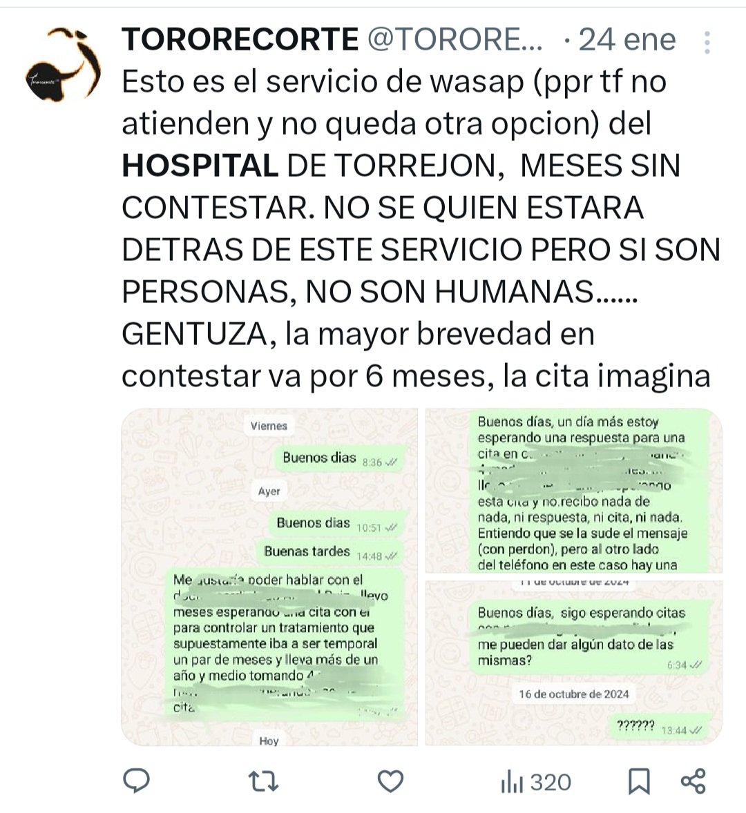 Hace un año ya avisaba de la situación, y año y medio después aún sigo esperando....

Lamentable situación en un hospital que funcionaba y que por el "gusto" y mala intención de una persona, haya caído en el declive mas vergonzoso y el trato mas lamentableme a los enfermos