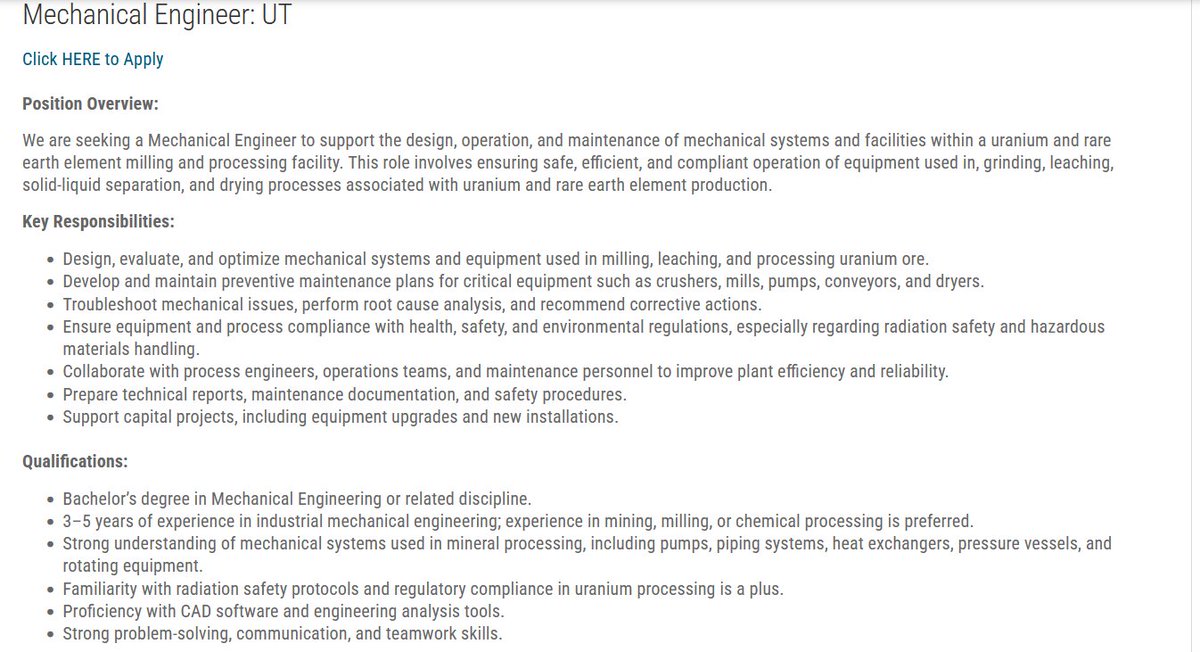 Scholars_Stage's tweet image. I know a large number of young engineers follow this account. Energy Fuels has a cool job opening in southeast Utah: refining uranium, and working on the ground level developing their new rare earth refining line