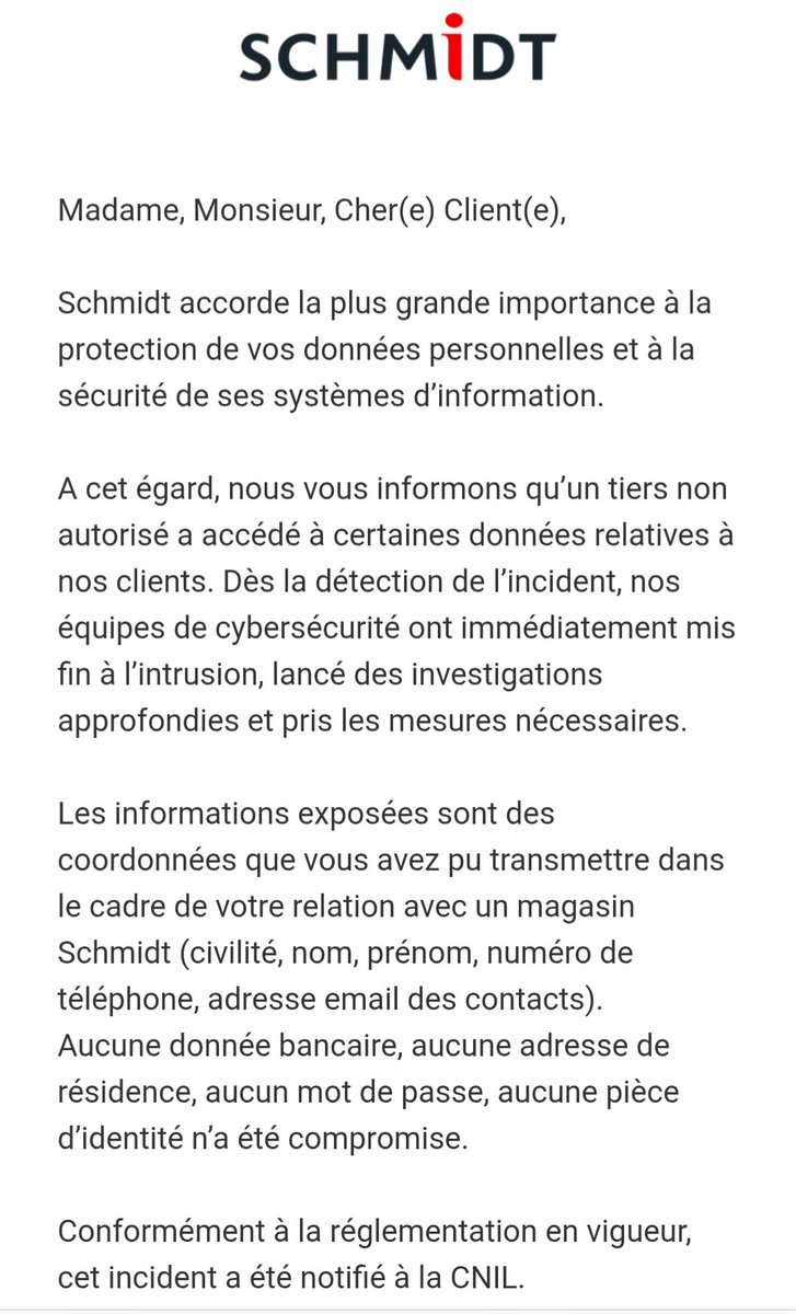 #fuitesdedonnées Schmidt

Fuite de données liée à une entrée nommée « Schmidt ». Les informations divulguées comprennent l’identité, un numéro de téléphone et une adresse e‑mail. Si cela vous concerne, vérifiez immédiatement vos comptes et changez vos mots de passe.

+ Civilité,