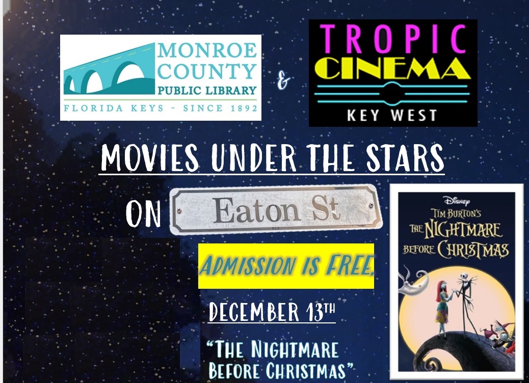 keywestlibrary's tweet photo. Join us Saturday, Dec. 13 @ 6p (approximately) for a special outdoor screening of Tim Burton's The Nightmare Before Christmas. This 1993 musical is rated PG and runs 1 hour and 16 minutes. Limited seating is available and patrons are encouraged to bring their own chairs. Free. https://t.co/N2pNGZWH0T