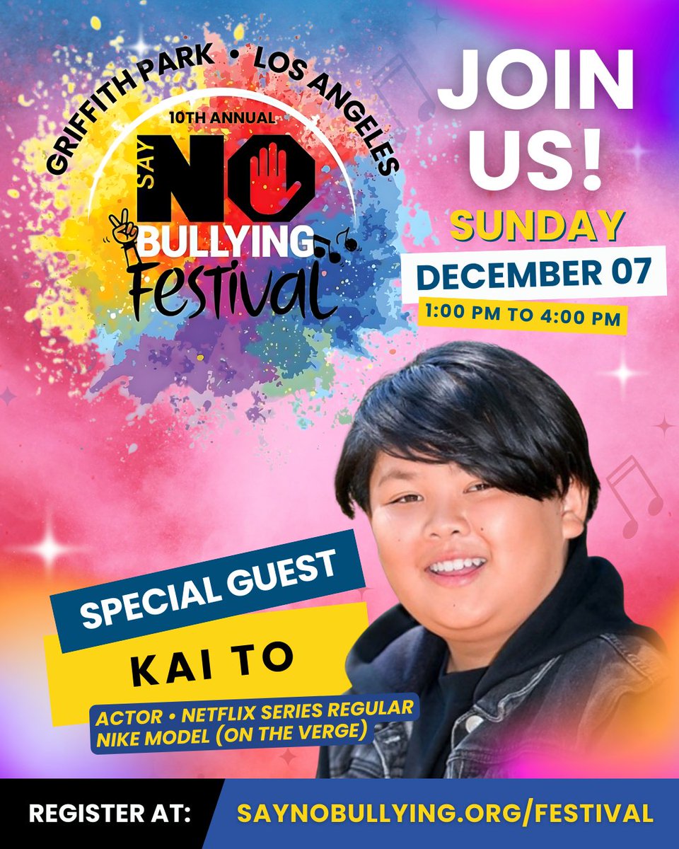 We’re excited to have Kai To at the Say NO Bullying Festival! 🌟🎬 His talent &amp; genuine spirit make the day extra special. Join us in celebrating community, kindness &amp; standing against bullying. ❤️✨

📅 Dec 7, 2025 • 1–4 PM
📍 Griffith Park, LA
👉 saynobullying.org/festival