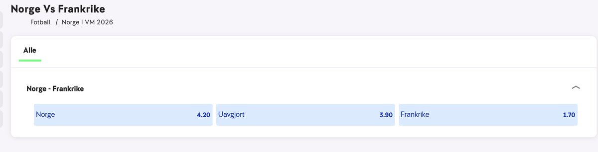 HERE WE GO. WORLD CUP 2026 og Norsk Tipping disker opp med odds først i verden. 

Det er mange som skal spille Frankrike til 1.70 der basert på min feed.
