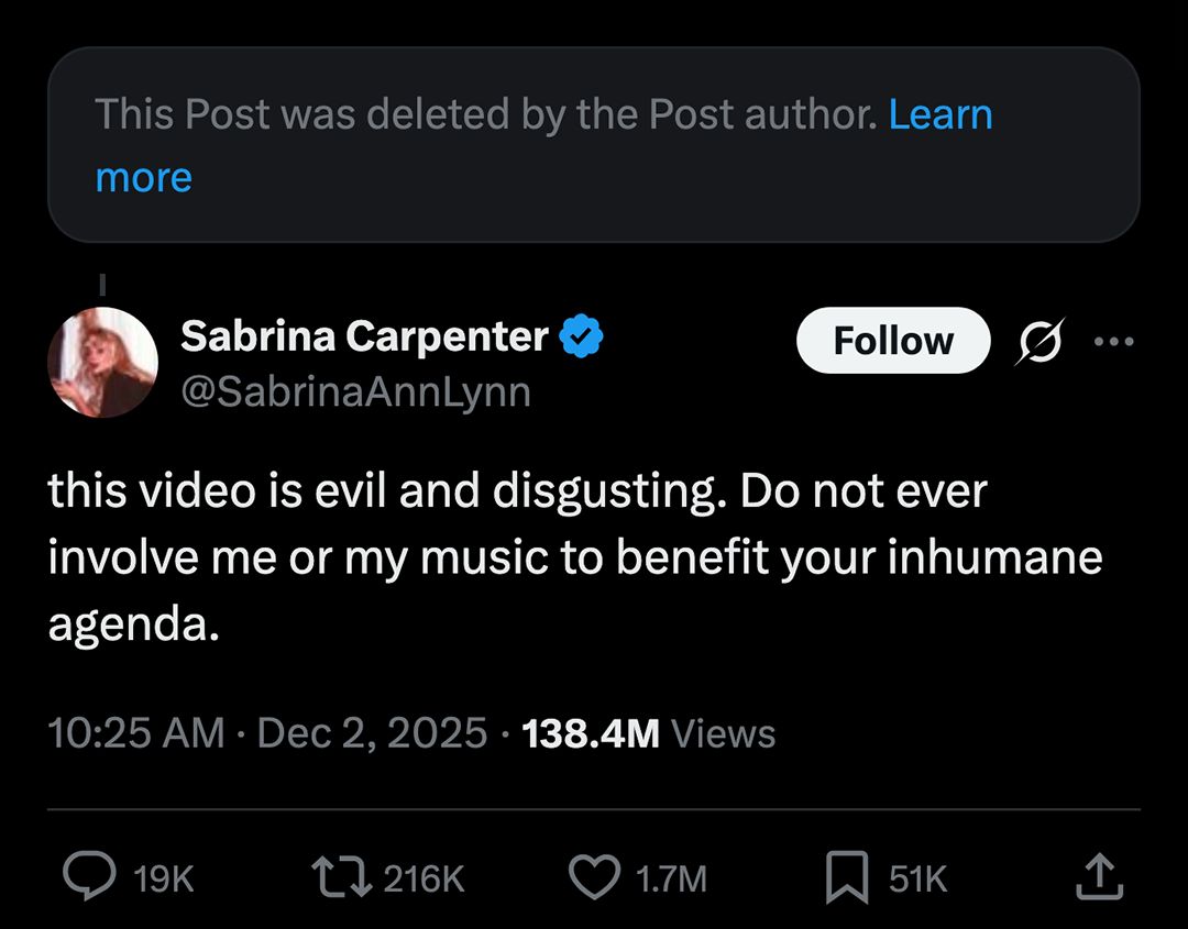 Sabrina Carpenter ratioed the White House so bad that they deleted the video.