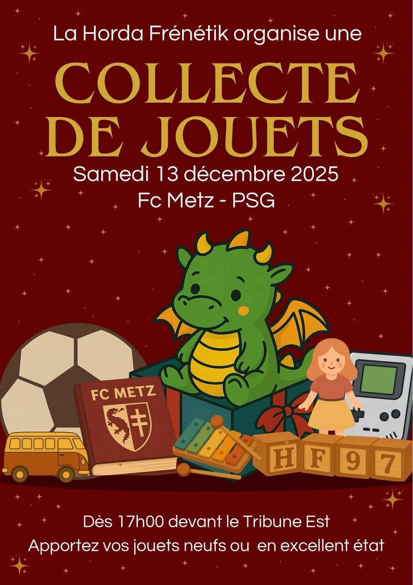 DylanFCM's tweet image. La Horda organise sa traditionnelle collecte de jouets contre le PSG le samedi 13 décembre 

⚠️ jouets neufs ou en très bon état uniquement 

🚩 Stand devant la tribune EST 

Une cagnotte est également mise en place si vous ne pouvez pas vous déplacer 

lepotcommun.fr/pot/bhpfa54a?f…