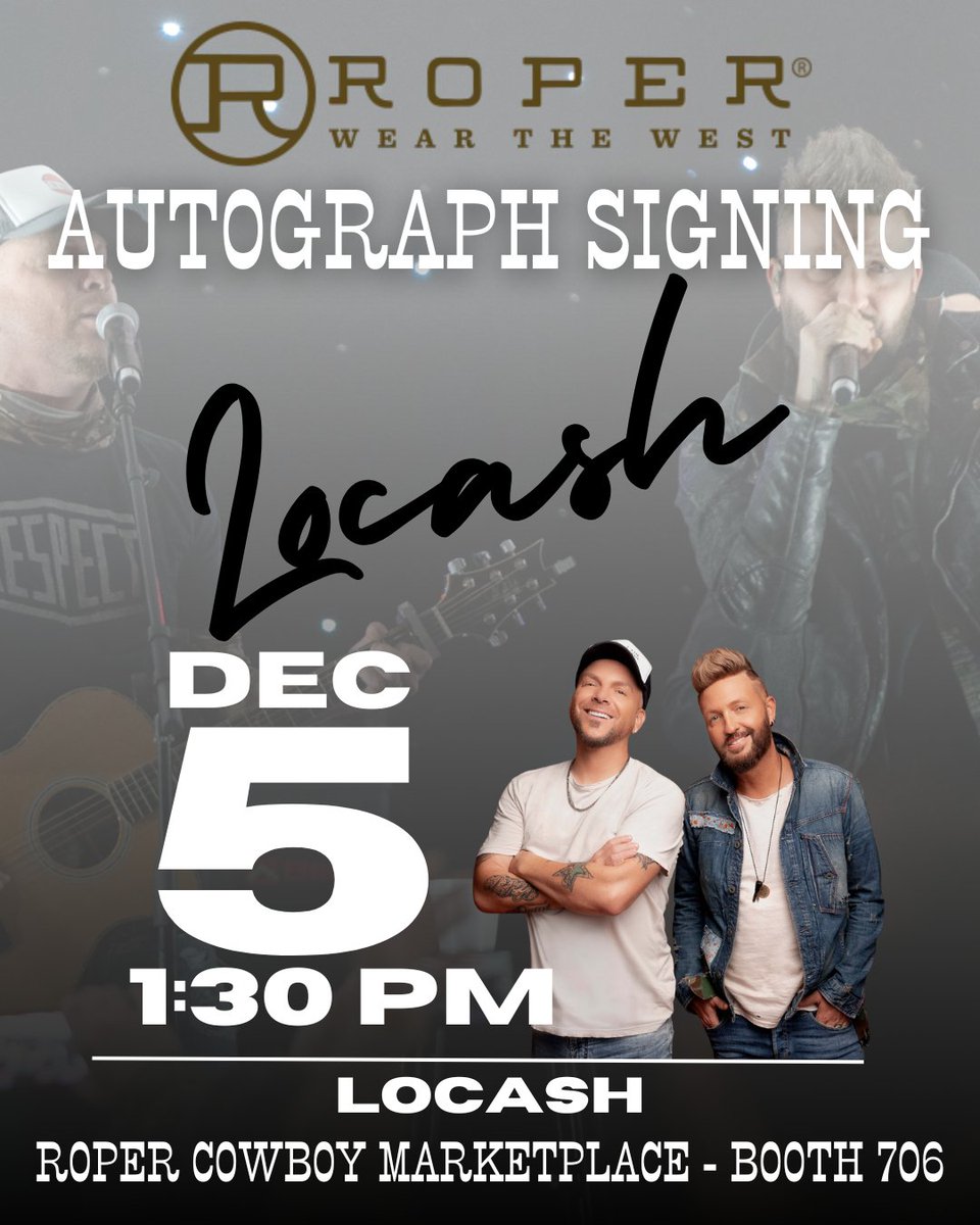 📣 Just 1 hour to go!
Join us at 1:30 PM at Roper Cowboy Marketplace – Booth #706 at the Horseshoe to meet LOCASH during their NFR autograph signing!

Grab a selfie, say hi, and #WearTheWest with Roper 🤠
#LOCASH #Roper #NFR2025 #RoperMarketplace #RodeoVegas