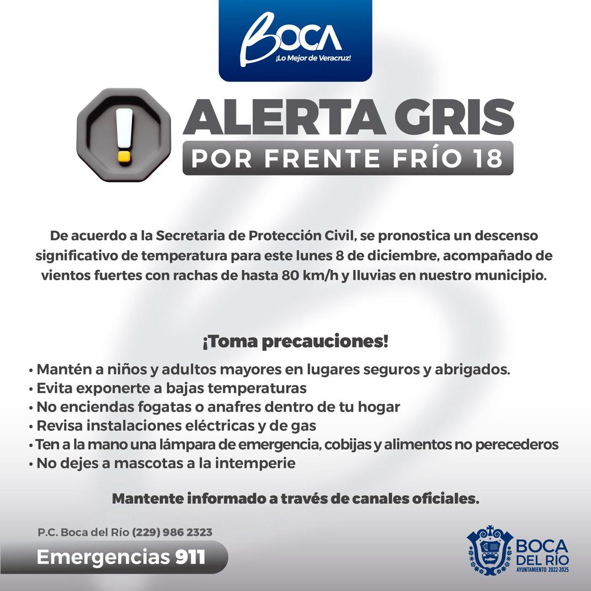 De acuerdo a la Secretaria de Protección Civil, se pronostica un descenso significativo de temperatura para este lunes 8 de diciembre, acompañado de vientos fuertes con rachas de hasta 80 km/h.

Sugerimos tomar sus precauciones y para cualquier eventualidad llamar al 911.