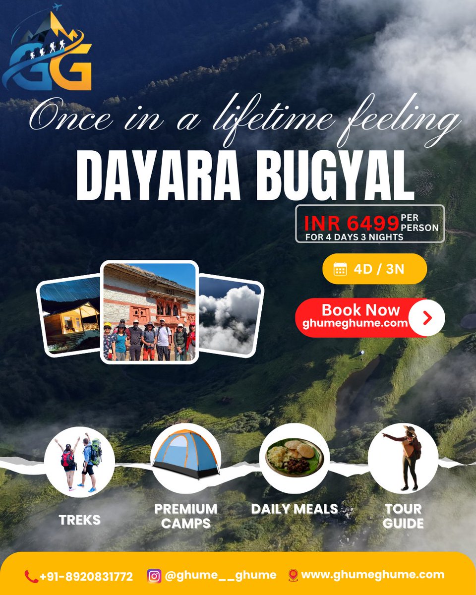 ghumeghume's tweet photo. 🏔️ Dayara Bugyal Trek Alert! 🏔️
​Experience the "Once in a Lifetime Feeling" for just ₹6499.
✨ 4 Days / 3 Nights
✨ Premium Camps &amp; Meals Included
✨ Expert Guides
​The hills are calling! ⛺🥾
Book fast at https://t.co/3bcWsw3yTC
​#Trekking #TravelIndia #Uttarakhand #GhumeGhume https://t.co/C45UVwYSa3