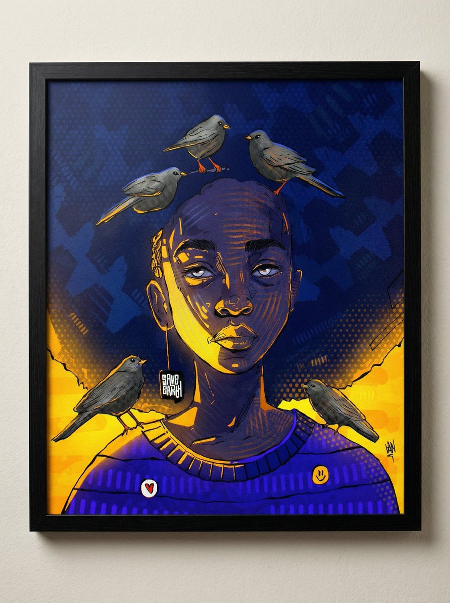 Title: Blue Warm Earth
24x30”
🇬🇭
This is a follow up of my ‘Fly With Me’ exhibition (2017).  Here the endangered birds are finding comfort in a new habitat. 

Interested persons can contact me