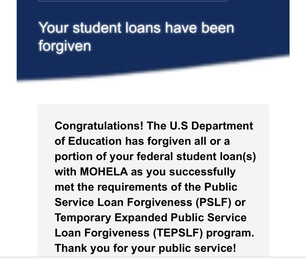 Mr_MooreBME's tweet photo. It’s always a great day, when you get an email like this!! #PSLA #LoanForgiveness @usedgov https://t.co/01laglxI2d