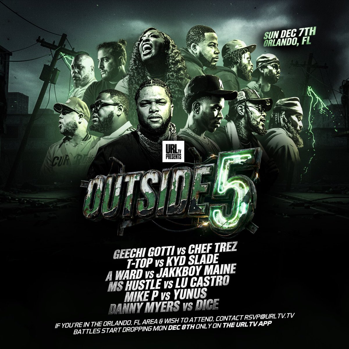 URL’S OUTSIDE 5 THIS SUN DEC 7TH TO ATTEND LIVE RSVP@URLTV.TV SHOW @ 3PM
BATTLES START DROPPING MON DEC 8TH ON THE URLTV APP