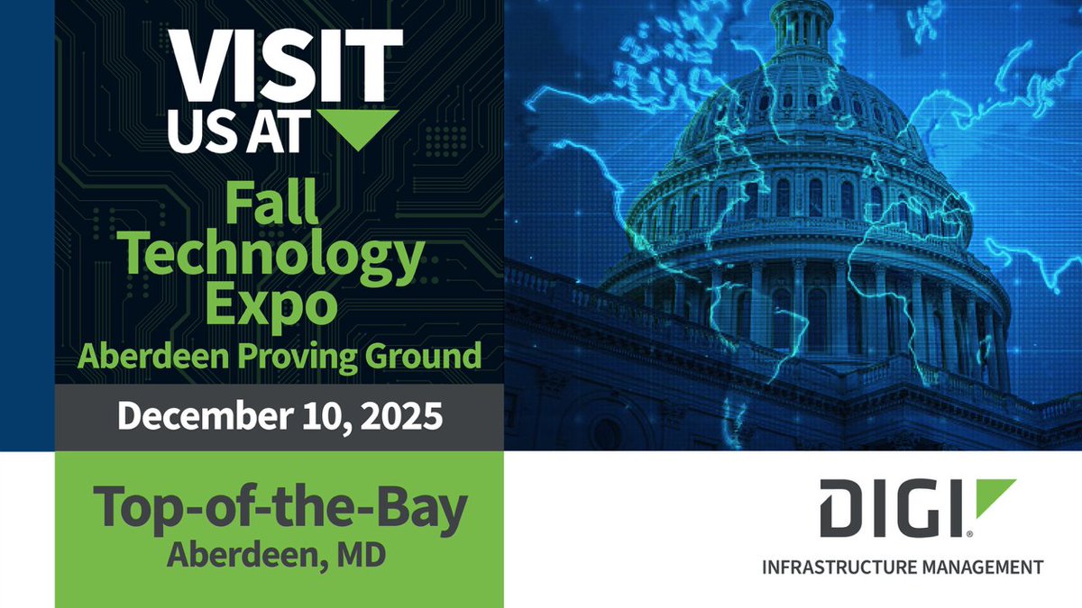digidotcom's tweet photo. Meet the Digi #InfrastructureManagement team at Fall Technology Expo Aberdeen Proving Ground on Dec 10. Explore how our #OOB management solutions and #consoleservers enable secure, remote deployment and management of mission-critical systems. More details: https://t.co/jcvwp4sTbe https://t.co/T1k2fBDty0