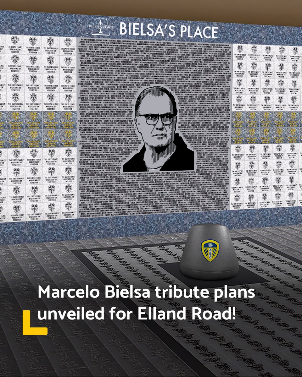 LeedsPlusSocial's tweet photo. Leeds United have released plans for a permanent Marcelo Bielsa tribute at Elland Road! 🤍

Images on the club's website show what it'll look like - outside the East Stand main entrance 🪣

It'll be alongside a separate tribute to fellow Leeds legend Howard Wilkinson 👏

#lufc https://t.co/P8KSK11rvE